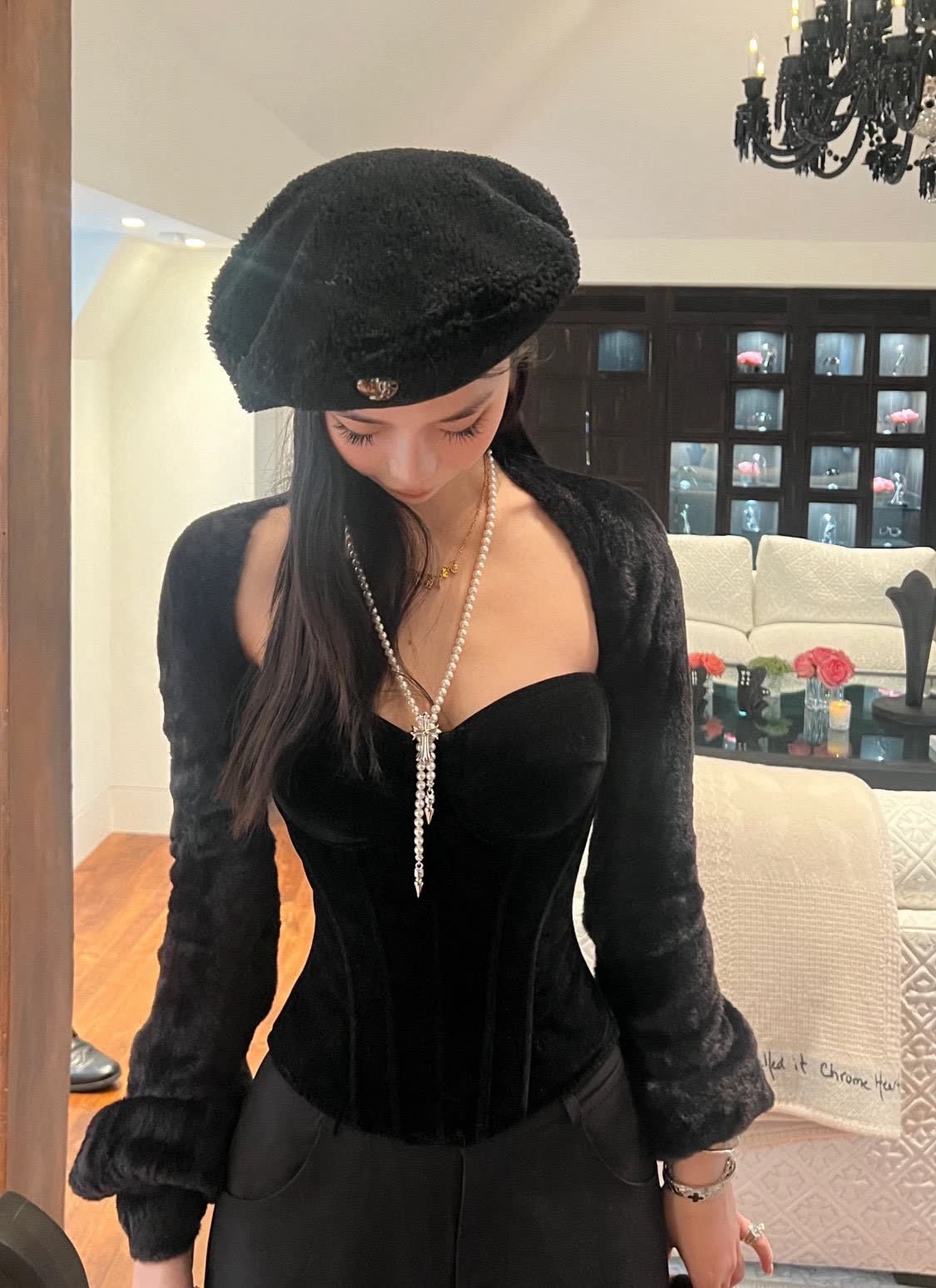Chrome Hearts Black Velvet Corset with Pearl Necklace Chrome Hearts Black Velvet Corset with Pearl Necklace